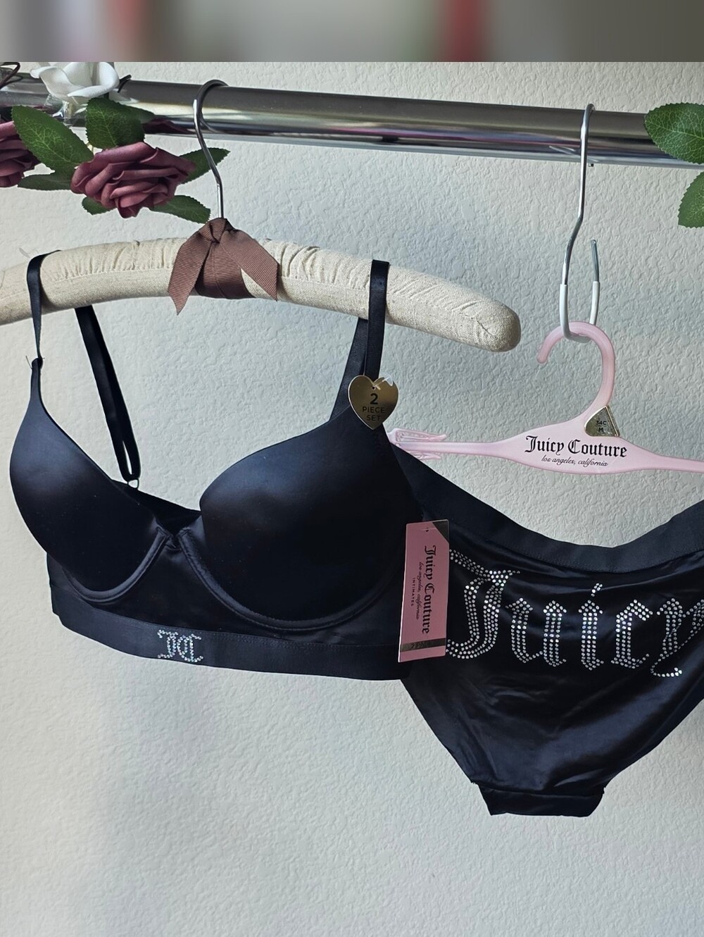 Juicy Couture Black Satin Rhinestone-Embellished Bra & Brief Set